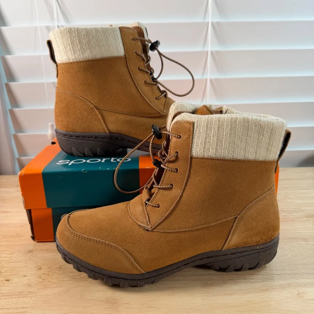 Sporto Boho Camel Brown Suede Winter Ankle Boots Sweater Cuff Womens 9 M